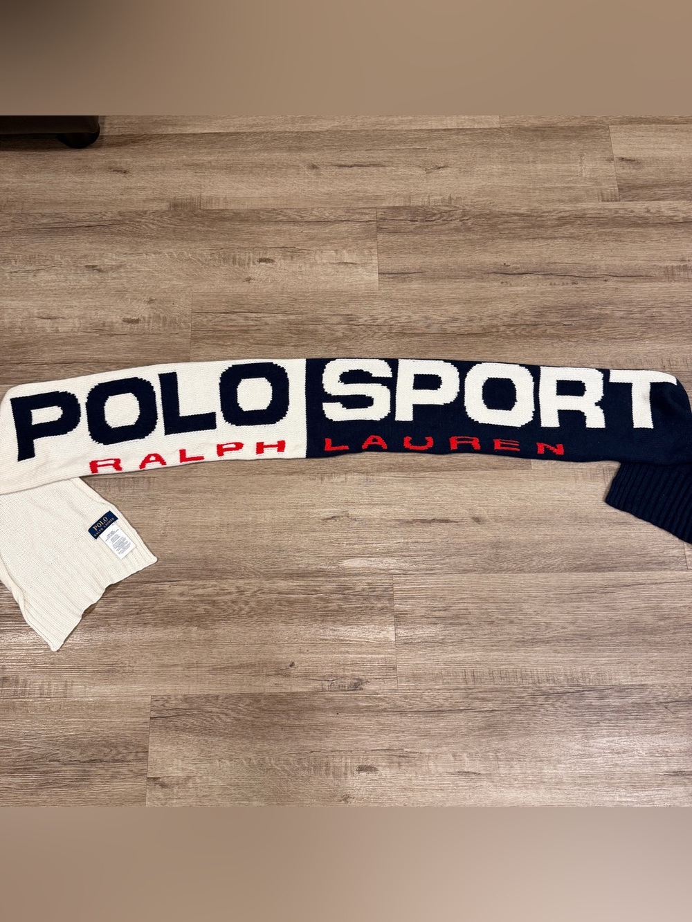 Polo Sport Ralph Lauren Knit Wool Scarf USA Flag Navy Cream